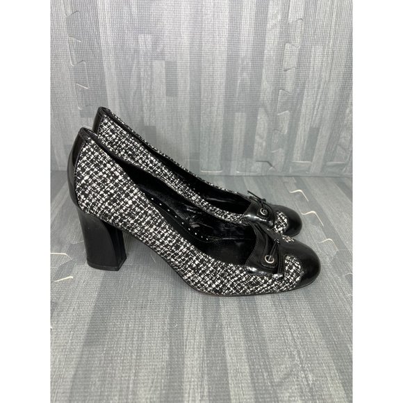 Enzo Angiolini Tweed Pumps Black White Women Size 8.5 Patent Leather - Picture 1 of 15